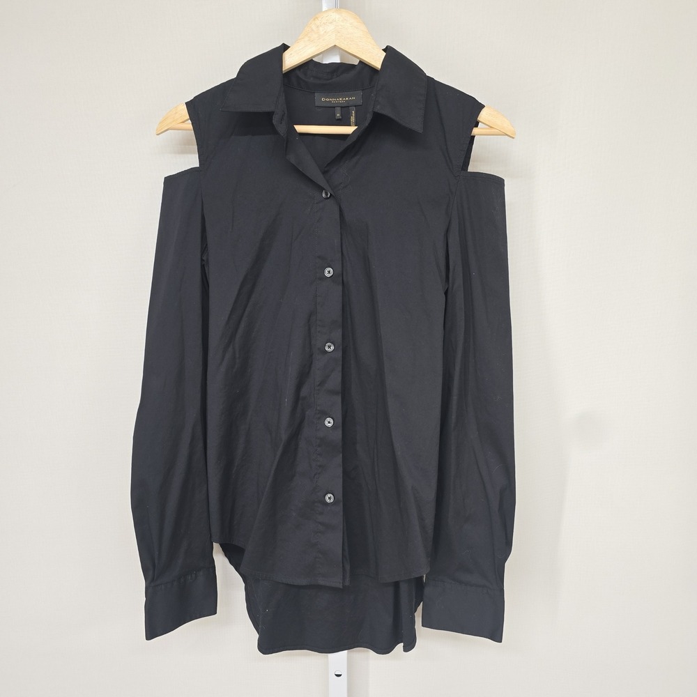 Donna Karan New York Womens Cold Shoulder Button Down Shirt Black XS Cut Out